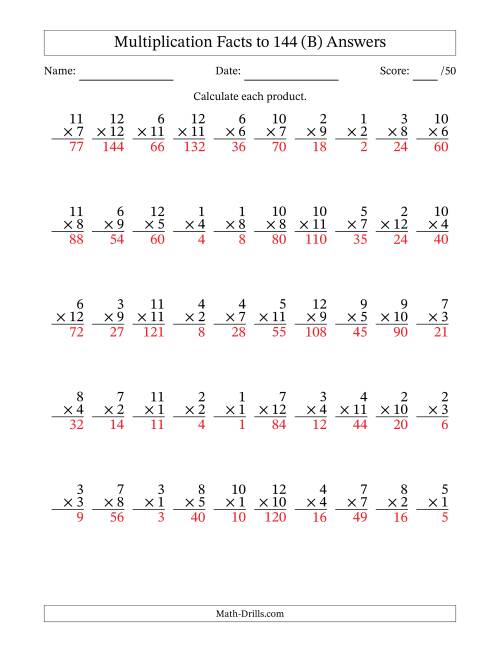The Multiplication Facts to 144 (50 Questions) (No Zeros) (B) Math Worksheet Page 2