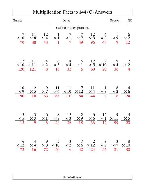The Multiplication Facts to 144 (50 Questions) (No Zeros) (C) Math Worksheet Page 2