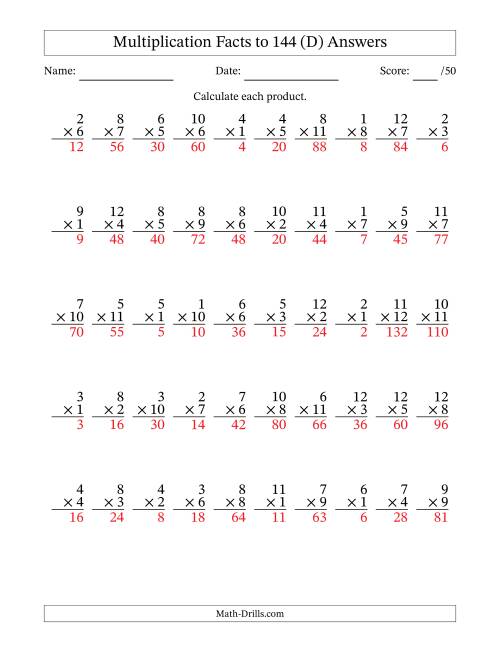 The Multiplication Facts to 144 (50 Questions) (No Zeros) (D) Math Worksheet Page 2