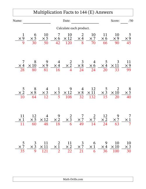 The Multiplication Facts to 144 (50 Questions) (No Zeros) (E) Math Worksheet Page 2
