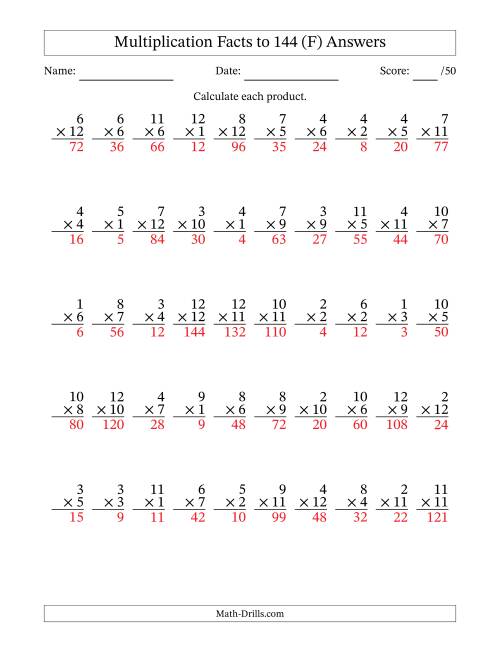 The Multiplication Facts to 144 (50 Questions) (No Zeros) (F) Math Worksheet Page 2