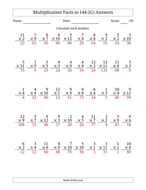 The Multiplication Facts to 144 (50 Questions) (No Zeros) (G) Math Worksheet Page 2