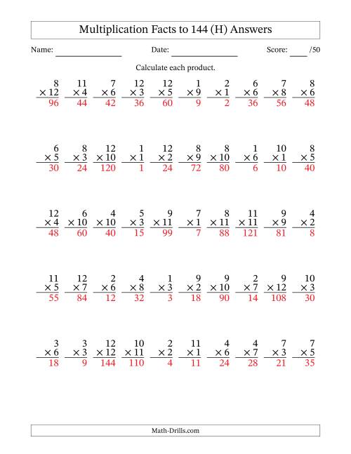 The Multiplication Facts to 144 (50 Questions) (No Zeros) (H) Math Worksheet Page 2