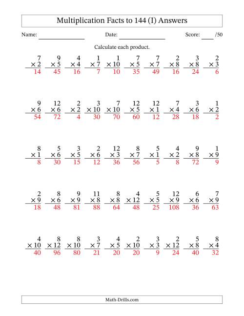 The Multiplication Facts to 144 (50 Questions) (No Zeros) (I) Math Worksheet Page 2