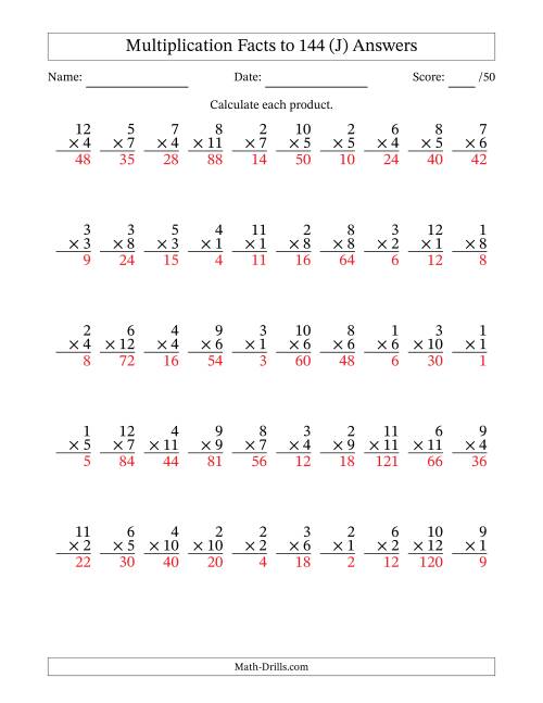 The Multiplication Facts to 144 (50 Questions) (No Zeros) (J) Math Worksheet Page 2