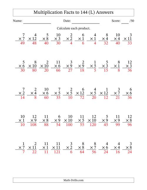 The Multiplication Facts to 144 (50 Questions) (No Zeros) (L) Math Worksheet Page 2