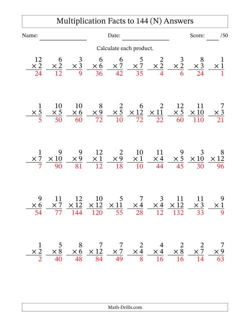The Multiplication Facts to 144 (50 Questions) (No Zeros) (N) Math Worksheet Page 2