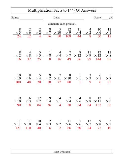 The Multiplication Facts to 144 (50 Questions) (No Zeros) (O) Math Worksheet Page 2