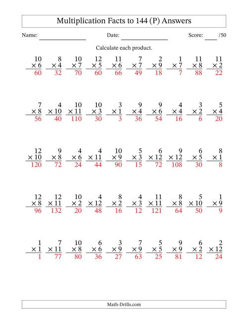 The Multiplication Facts to 144 (50 Questions) (No Zeros) (P) Math Worksheet Page 2