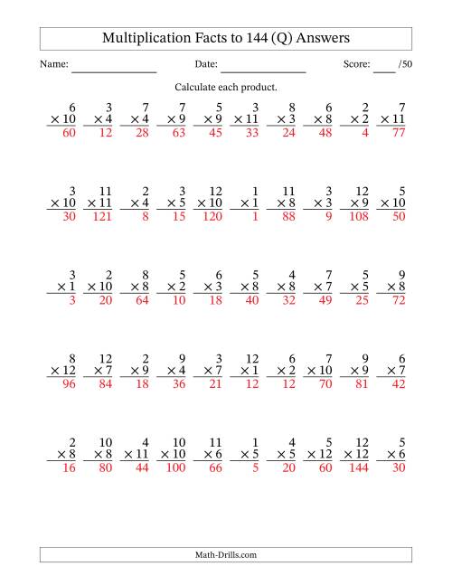 The Multiplication Facts to 144 (50 Questions) (No Zeros) (Q) Math Worksheet Page 2
