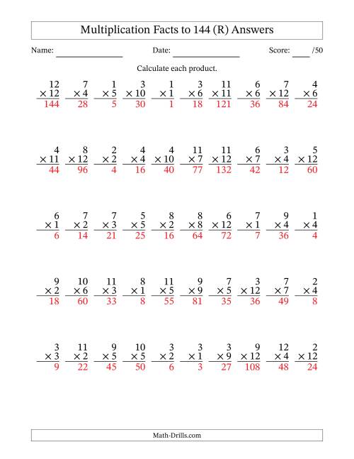 The Multiplication Facts to 144 (50 Questions) (No Zeros) (R) Math Worksheet Page 2