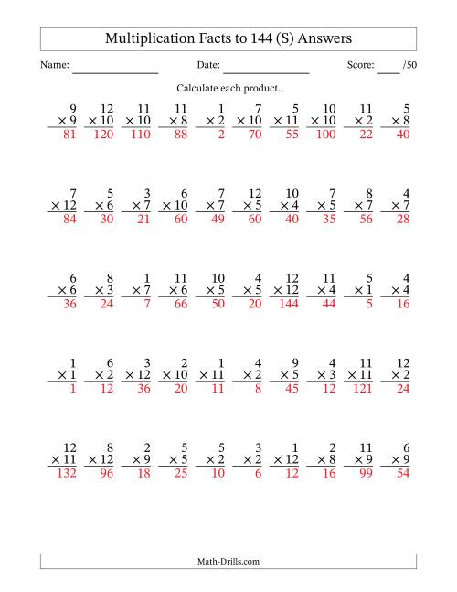 The Multiplication Facts to 144 (50 Questions) (No Zeros) (S) Math Worksheet Page 2