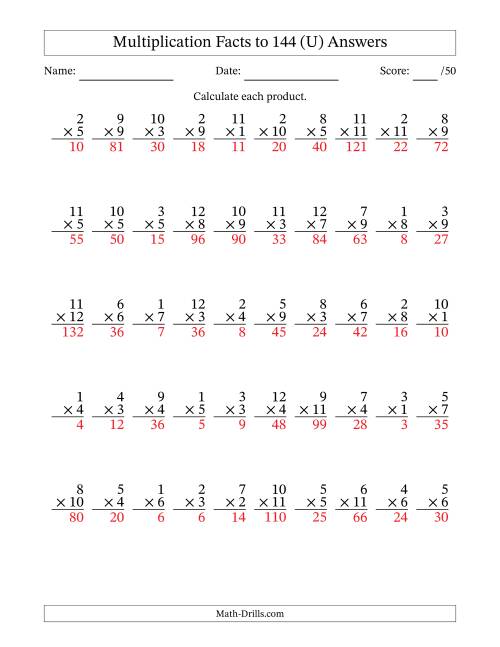 The Multiplication Facts to 144 (50 Questions) (No Zeros) (U) Math Worksheet Page 2