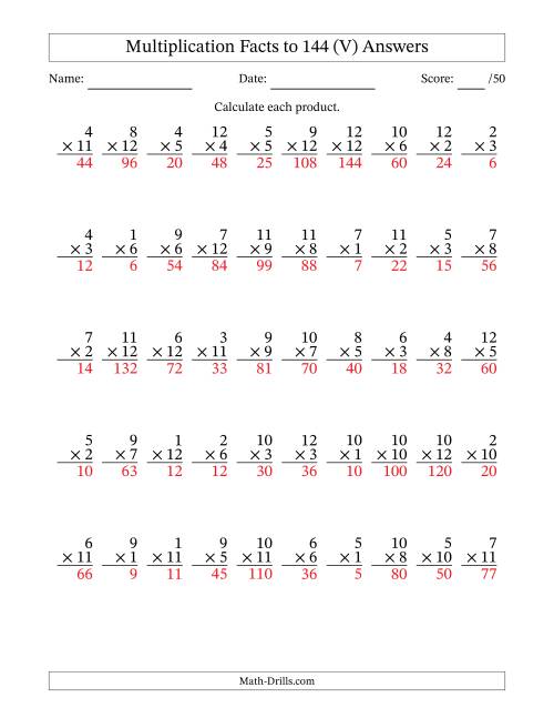 The Multiplication Facts to 144 (50 Questions) (No Zeros) (V) Math Worksheet Page 2