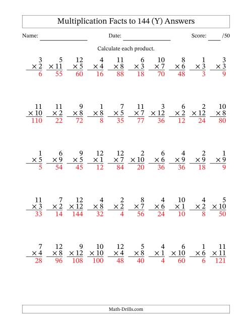 The Multiplication Facts to 144 (50 Questions) (No Zeros) (Y) Math Worksheet Page 2