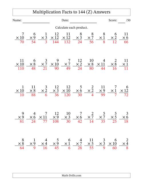 The Multiplication Facts to 144 (50 Questions) (No Zeros) (Z) Math Worksheet Page 2