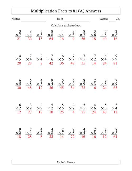 The Multiplication Facts to 81 (50 Questions) (No Zeros or Ones) (A) Math Worksheet Page 2