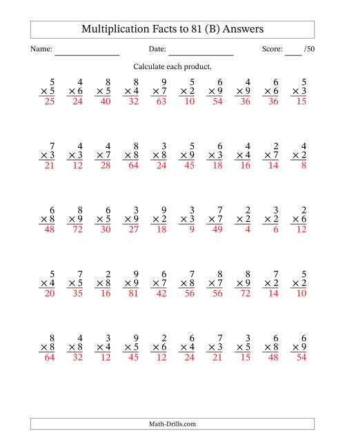The Multiplication Facts to 81 (50 Questions) (No Zeros or Ones) (B) Math Worksheet Page 2