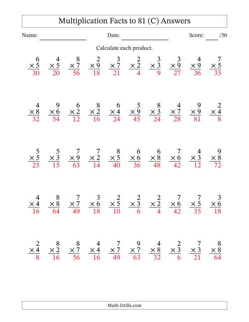 The Multiplication Facts to 81 (50 Questions) (No Zeros or Ones) (C) Math Worksheet Page 2