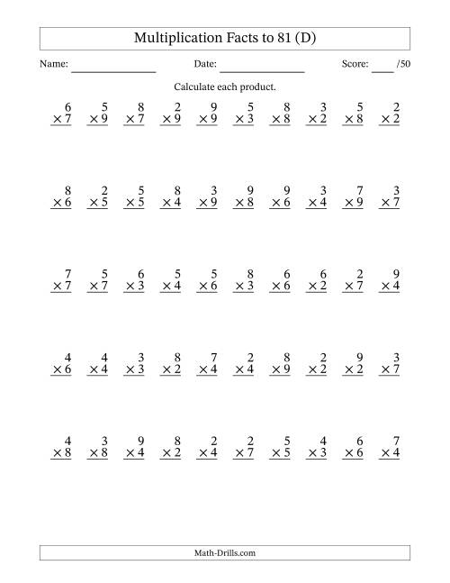 The Multiplication Facts to 81 (50 Questions) (No Zeros or Ones) (D) Math Worksheet