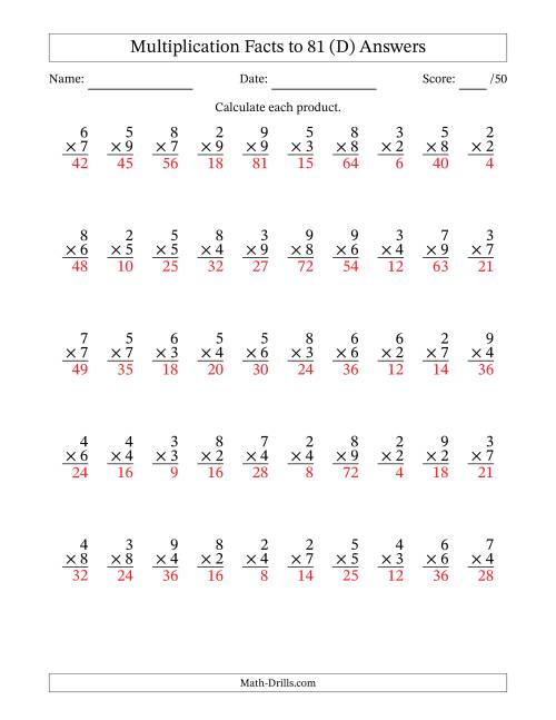 The Multiplication Facts to 81 (50 Questions) (No Zeros or Ones) (D) Math Worksheet Page 2