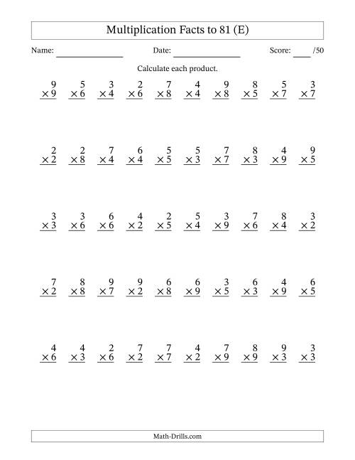 The Multiplication Facts to 81 (50 Questions) (No Zeros or Ones) (E) Math Worksheet