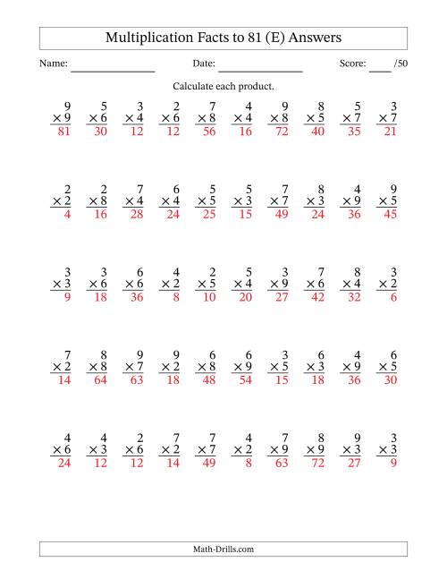 The Multiplication Facts to 81 (50 Questions) (No Zeros or Ones) (E) Math Worksheet Page 2