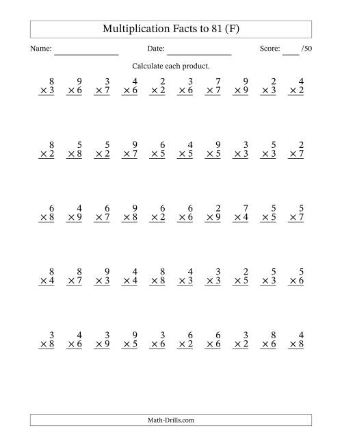 The Multiplication Facts to 81 (50 Questions) (No Zeros or Ones) (F) Math Worksheet