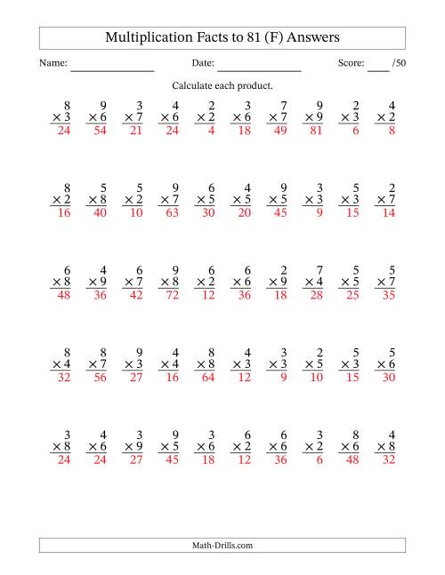 The Multiplication Facts to 81 (50 Questions) (No Zeros or Ones) (F) Math Worksheet Page 2