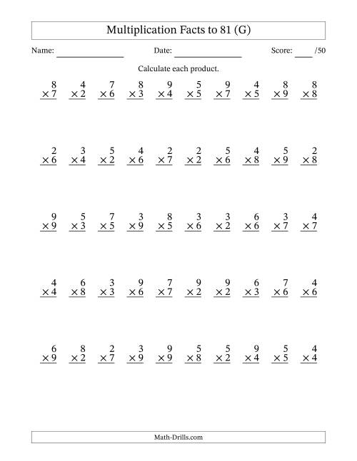 The Multiplication Facts to 81 (50 Questions) (No Zeros or Ones) (G) Math Worksheet