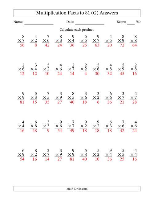 The Multiplication Facts to 81 (50 Questions) (No Zeros or Ones) (G) Math Worksheet Page 2