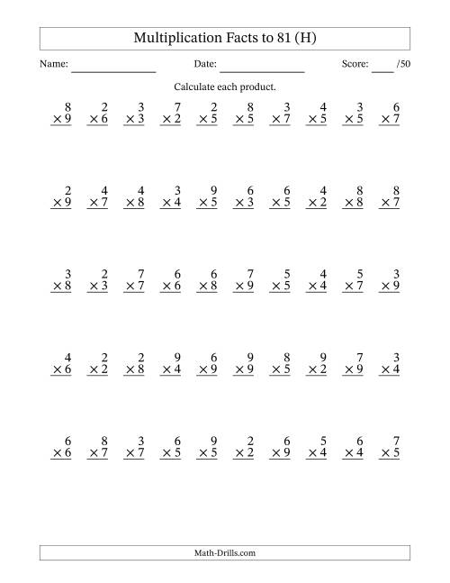 The Multiplication Facts to 81 (50 Questions) (No Zeros or Ones) (H) Math Worksheet