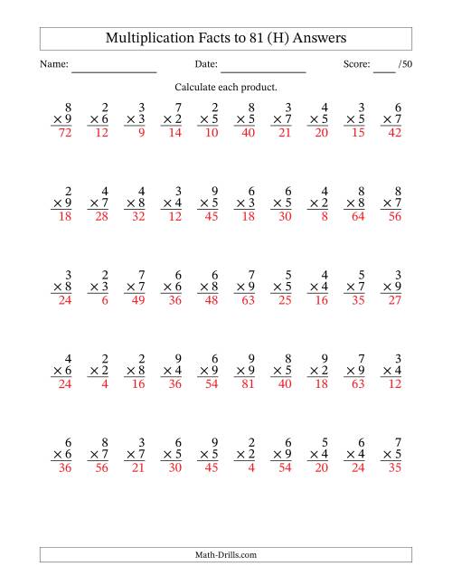 The Multiplication Facts to 81 (50 Questions) (No Zeros or Ones) (H) Math Worksheet Page 2