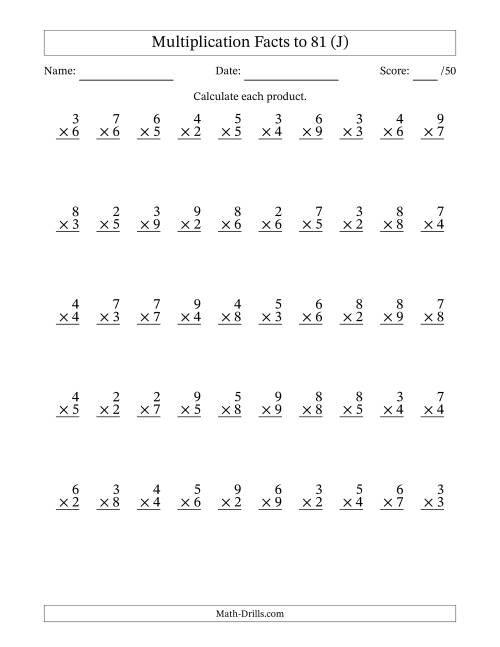 The Multiplication Facts to 81 (50 Questions) (No Zeros or Ones) (J) Math Worksheet