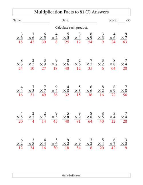 The Multiplication Facts to 81 (50 Questions) (No Zeros or Ones) (J) Math Worksheet Page 2