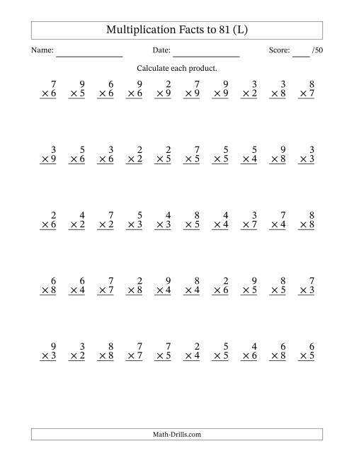 The Multiplication Facts to 81 (50 Questions) (No Zeros or Ones) (L) Math Worksheet