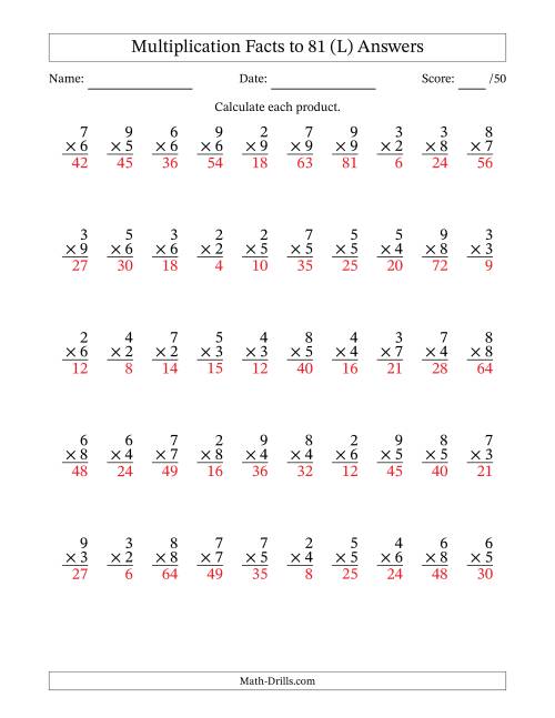 The Multiplication Facts to 81 (50 Questions) (No Zeros or Ones) (L) Math Worksheet Page 2