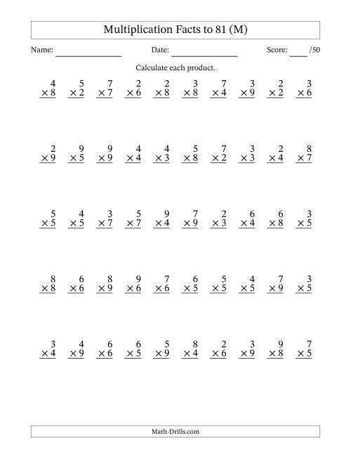 The Multiplication Facts to 81 (50 Questions) (No Zeros or Ones) (M) Math Worksheet