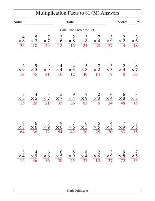 The Multiplication Facts to 81 (50 Questions) (No Zeros or Ones) (M) Math Worksheet Page 2