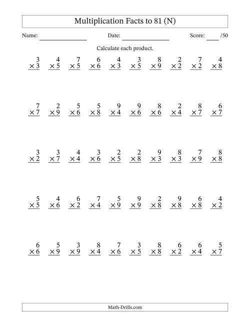 The Multiplication Facts to 81 (50 Questions) (No Zeros or Ones) (N) Math Worksheet