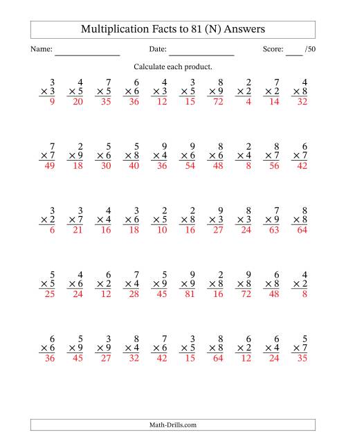 The Multiplication Facts to 81 (50 Questions) (No Zeros or Ones) (N) Math Worksheet Page 2