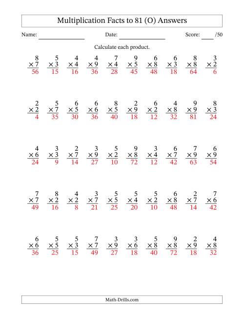 The Multiplication Facts to 81 (50 Questions) (No Zeros or Ones) (O) Math Worksheet Page 2