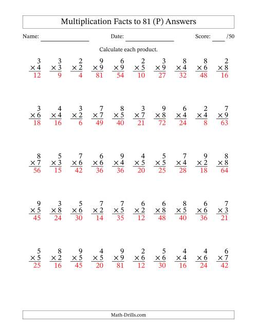 The Multiplication Facts to 81 (50 Questions) (No Zeros or Ones) (P) Math Worksheet Page 2