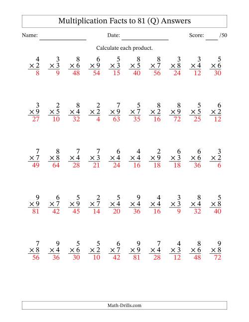 The Multiplication Facts to 81 (50 Questions) (No Zeros or Ones) (Q) Math Worksheet Page 2