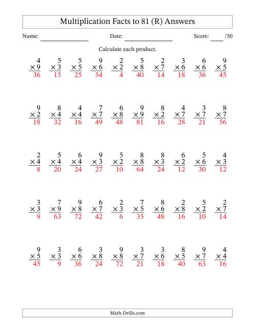 The Multiplication Facts to 81 (50 Questions) (No Zeros or Ones) (R) Math Worksheet Page 2