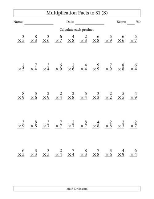 The Multiplication Facts to 81 (50 Questions) (No Zeros or Ones) (S) Math Worksheet