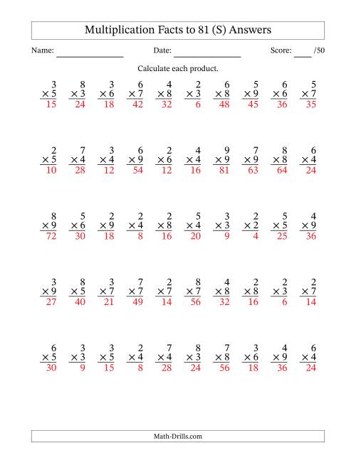 The Multiplication Facts to 81 (50 Questions) (No Zeros or Ones) (S) Math Worksheet Page 2