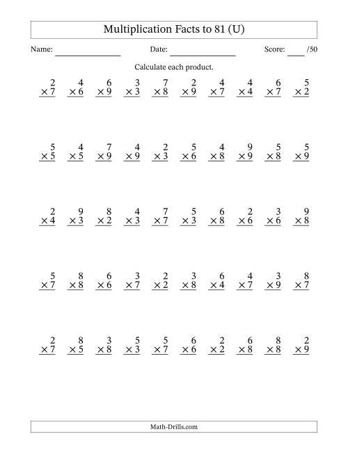 The Multiplication Facts to 81 (50 Questions) (No Zeros or Ones) (U) Math Worksheet