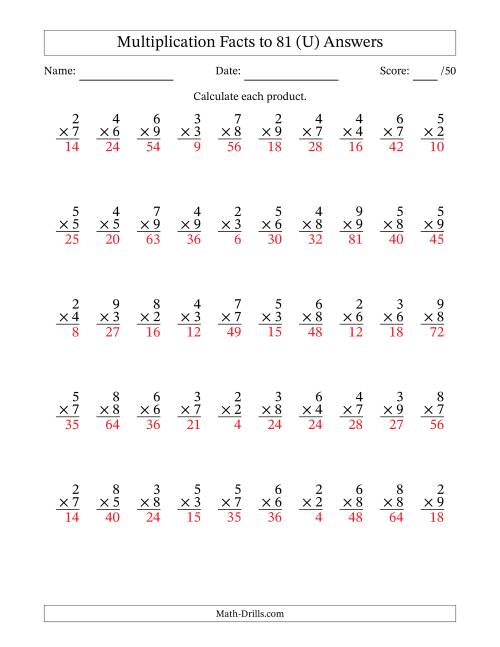 The Multiplication Facts to 81 (50 Questions) (No Zeros or Ones) (U) Math Worksheet Page 2