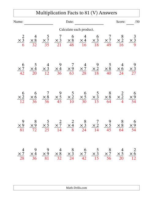The Multiplication Facts to 81 (50 Questions) (No Zeros or Ones) (V) Math Worksheet Page 2